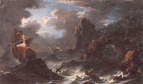 unknow artist A coastal landscape with shipping in a storm,figures shipwrecked in the foreground France oil painting art
